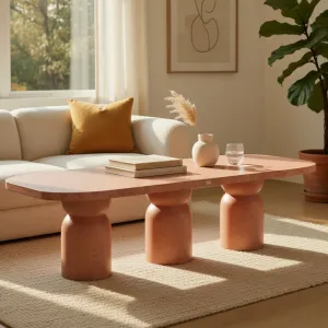 Premium Luxury Modern Table in Terracotta Red Matte Terrazzo with Rounded Pedestal Legs Lifestyle View by Luxury Group International
