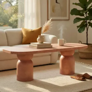 Premium Luxury Modern Table in Terracotta Red Matte Terrazzo with Rounded Pedestal Legs Lifestyle View by Luxury Group International