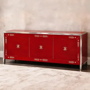 Rotes zeitgenössisches Luxus-Sideboard mit goldenen, sternförmig gravierten Türen Vorderansicht von Luxury Group International