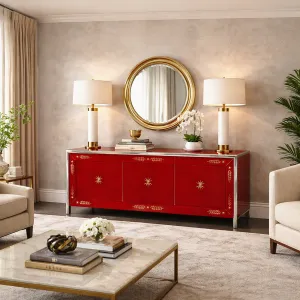 Rotes zeitgenössisches Luxus-Sideboard mit goldenen, sternförmig gravierten Türen Lifestyle-Ansicht von Luxury Group International