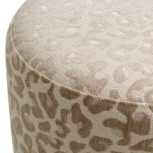 Round Beige Upholstered Stool with Patterned Fabric and Decorative Fringe - Luxury Hotel Furniture Detail View by Luxury Group International