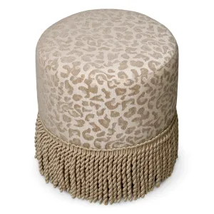 Round Beige Upholstered Stool with Patterned Fabric and Decorative Fringe - Luxury Hotel Furniture Front View by Luxury Group International