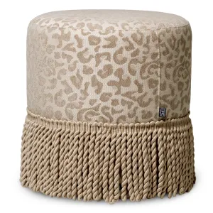 Round Beige Upholstered Stool with Patterned Fabric and Decorative Fringe - Luxury Hotel Furniture Side View by Luxury Group International