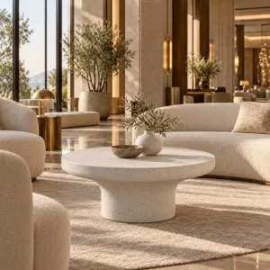 Mesa de Centro Redonda con Base Pedestal Escultural de Terrazo - Muebles de Exterior de Lujo Vista lifestyle por Luxury Group International
