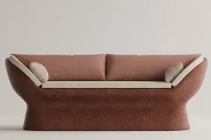 Ruby Red Luxury Concrete Sofa with Curved Arms and Terracotta Cushions - Luxury Hotel Furniture Front View by Luxury Group International