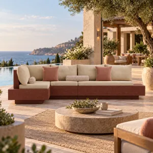 Ruby Red Luxus L-förmiges Betonsofa mit cremefarbenen Kissen – Gartenmöbel Lifestyle-Ansicht von Luxury Group International
