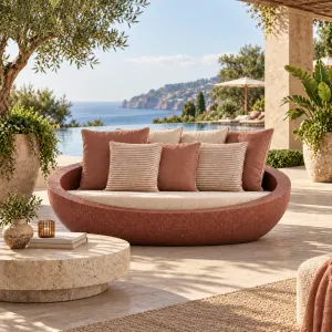 Canapé de Jardin Extérieur Sculptural Ruby Red avec Assise Crème & Coussins Rose Rouge - Mobilier d'Hôtel de Luxe Vue lifestyle par Luxury Group International