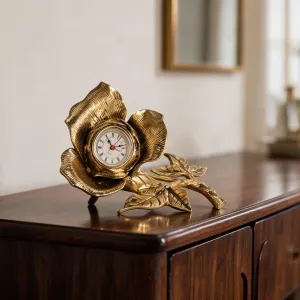 Sculpted Rose Luxury Bronze Table Clock with Leaf Details - Royal Home Accessories Lifestyle View by Luxury Group International