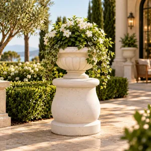 Skulpturales Luxus-Gartenpodest mit geschwungenem Balusterkörper und abgerundetem Rand – Gartendekoration Lifestyle-Ansicht von Luxury Group International