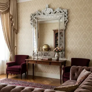 Silberner Barock Großer Luxus-Wandspiegel im venezianischen Stil mit kunstvollem Blumenkranz Lifestyle-Ansicht von Luxury Group International