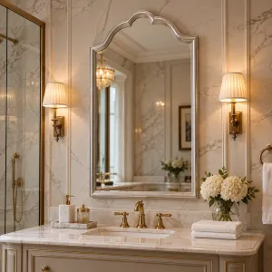 Silver Baroque Luxury Wall Mirror with Curved Crown and Layered Mouldings - Baroque Mirrors Lifestyle View by Luxury Group International