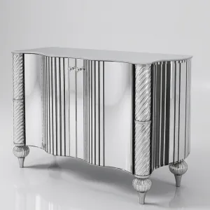 Luxus-Sideboard mit Silberfinish, geschwungenem Spiegelglas-Korpus und kannelierten Säulen Vorderansicht von Luxury Group International