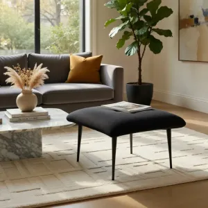 Luxury Sleek Modern Stool in Black Matte Fabric with Curved Boxy Seat Cushion Lifestyle View by Luxury Group International