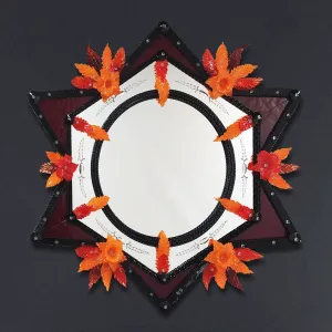Miroir Mural de Luxe Floral Éclat d'Étoile avec Cadre en Verre Bourgogne et Accents de Feuilles Orange Vue de face par Luxury Group International