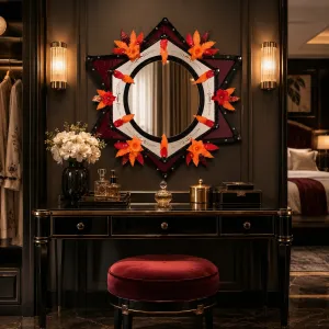 Miroir Mural de Luxe Floral Éclat d'Étoile avec Cadre en Verre Bourgogne et Accents de Feuilles Orange Vue lifestyle par Luxury Group International