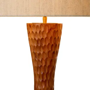 Tall Wooden Floor Lamp with Sculptural Textured Base and Fabric Shade - Luxury Hotel Furniture Detail View by Luxury Group International