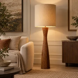 Tall Wooden Floor Lamp with Sculptural Textured Base and Fabric Shade - Luxury Hotel Furniture Lifestyle View by Luxury Group International