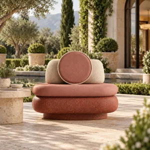 Terracotta Red Luxury Outdoor Lounge Chair with Round Cushion - Outdoor Furniture Lifestyle View by Luxury Group International