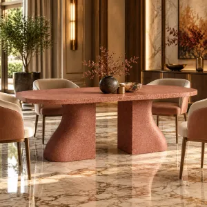 Table à manger moderne avec base piédestal sculpturale et plateau arrondi - Mobilier de luxe pour hôtels Vue lifestyle par Luxury Group International