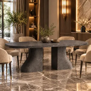 Table à manger moderne avec base piédestal sculpturale et plateau arrondi - Mobilier de luxe pour hôtels Vue lifestyle par Luxury Group International
