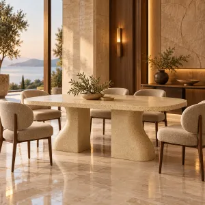 Mesa de Comedor Moderna con Base Escultural de Pedestal y Diseño de Tapa Redondeada - Mobiliario de Lujo para Hoteles Vista lifestyle por Luxury Group International