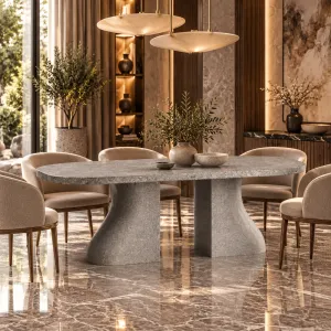 Table à manger moderne avec base piédestal sculpturale et plateau arrondi - Mobilier de luxe pour hôtels Vue lifestyle par Luxury Group International