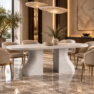 Table à manger moderne avec base piédestal sculpturale et plateau arrondi - Mobilier de luxe pour hôtels Vue lifestyle par Luxury Group International