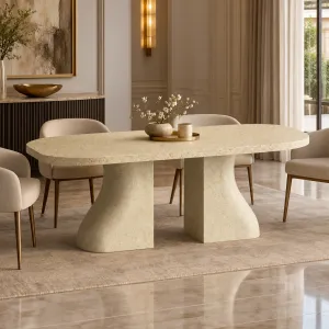 Table à manger moderne avec base piédestal sculpturale et plateau arrondi - Mobilier de luxe pour hôtels Vue lifestyle par Luxury Group International