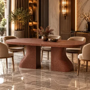 Table à manger moderne avec base piédestal sculpturale et plateau arrondi - Mobilier de luxe pour hôtels Vue lifestyle par Luxury Group International