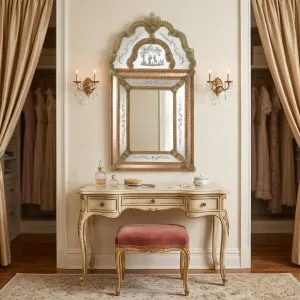 Miroir Mural de Luxe Style Baroque Vénitien avec Couronne Ornée et Cadre en Verre Gravé à la Main Fini Or Vue lifestyle par Luxury Group International