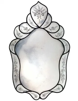 Miroir Mural de Luxe Designer Style Vénitien avec Bordure Noire et Cadre en Verre Gravé à Motifs Floraux Vue de face par Luxury Group International