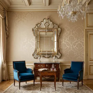 Miroir Mural Baroque de Luxe Style Vénitien avec Cime de Couronne Ornée dans un Cadre en Verre Floral Gravé à la Main Vue lifestyle par Luxury Group International