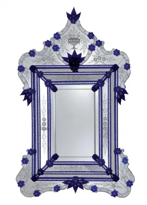 Venetian Style Luxury Glass Wall Mirror with Royal Blue Floral Accents & Ornate Crown Crest Front View by Luxury Group International