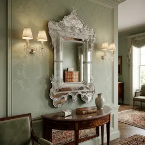 Miroir Mural Baroque Argenté de Style Vénitien avec Cime de Couronne Ornée dans un Cadre en Verre Gravé à la Main Vue lifestyle par Luxury Group International