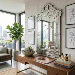 Venetianischer Luxus-Wandspiegel mit geätzter Blumenkrone und kunstvollem barockem Silberrahmen Lifestyle-Ansicht von Luxury Group International