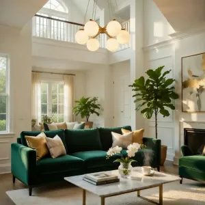 Warmer moderner Luxus-Kronleuchter aus antikgoldenem Messing mit fünf mattierten Glasgloben Lifestyle-Ansicht von Luxury Group International