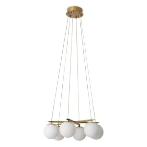Warmer moderner Luxus-Kronleuchter aus antikgoldenem Messing mit fünf mattierten Glasgloben Seitenansicht von Luxury Group International