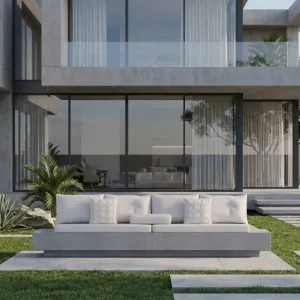 Canapé de Jardin d'Extérieur avec Base en Béton Blanc et Gris et Assise Coussinée - Mobilier de Luxe pour Hôtels Vue lifestyle par Luxury Group International