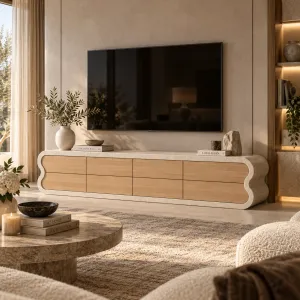 Weiße Luxus Moderne TV-Einheit aus Beton mit Geschwungenem Rahmen und Holzpaneelen – TV-Ständer Lifestyle-Ansicht von Luxury Group International