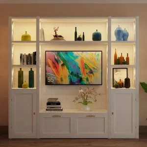 White Luxury Television Unit with LED Backlit Open Display Shelves & Multi-Storage Cabinets Front View by Luxury Group International