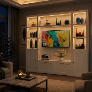 White Luxury Television Unit with LED Backlit Open Display Shelves & Multi-Storage Cabinets Lifestyle View by Luxury Group International