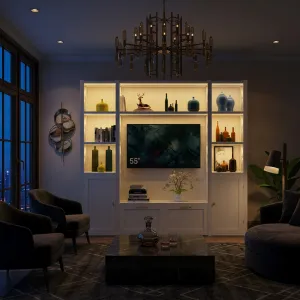 White Luxury Television Unit with LED Backlit Open Display Shelves & Multi-Storage Cabinets Lifestyle View by Luxury Group International
