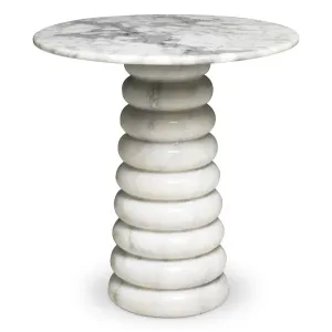 Table d'appoint ronde en marbre blanc avec piètement sculptural à colonnes superposées - Mobilier d'hôtel de luxe Vue de face par Luxury Group International