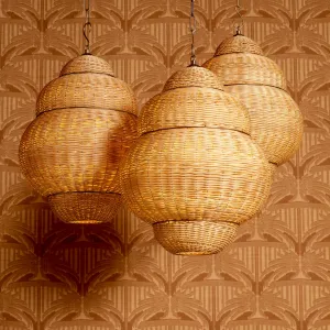 Woven Rattan Pendant Light with Sculptural Layered Shade - Luxury Ceiling Light Lifestyle View by Luxury Group International