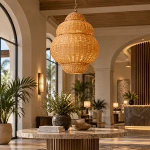 Woven Rattan Pendant Light with Sculptural Layered Shade - Luxury Ceiling Light Lifestyle View by Luxury Group International