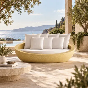 Canapé de Jardin d'Extérieur à Base en Béton Jaune et Blanc - Mobilier de Luxe pour Hôtels Vue lifestyle par Luxury Group International