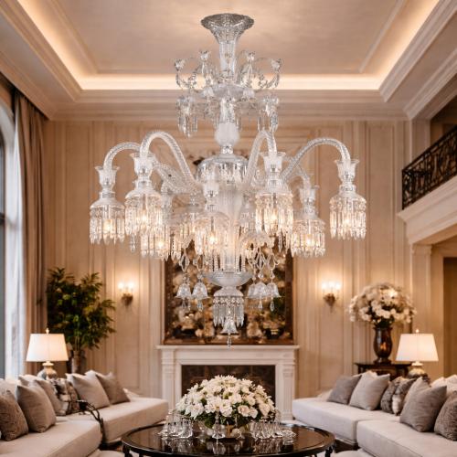 12 Lights Crystal Modern Chandelier in Clear Glass Polished with Prism Drops by Luxury Group International