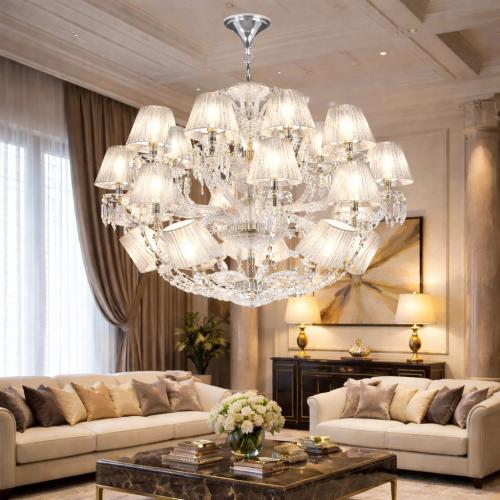 15-flammiger Luxus-Globus-Kristall-Kronleuchter mit Stofflampenschirmen von Luxury Group International