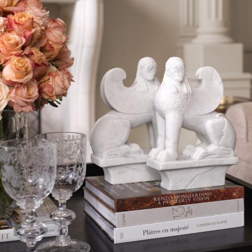 Aegyra Marble Sphinx Set – Handcarved White Marble Pair by Luxury Group International