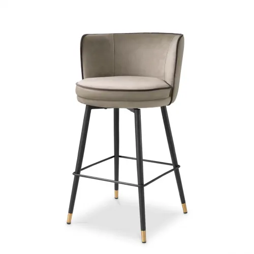 Grenada Counter Stool – Luxury Greige Velvet Swivel Stool with Brass & Black Base by Luxury Group International